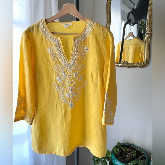 Charter Club Linen Luxury Yellow Bejeweled 100% Linen Tunic Top - Size S - Picture 2 of 10